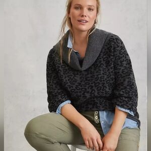 Anthropologie Emmy Cowl Neck Leopard Tunic Sweater Charcoal Gray Animal Print